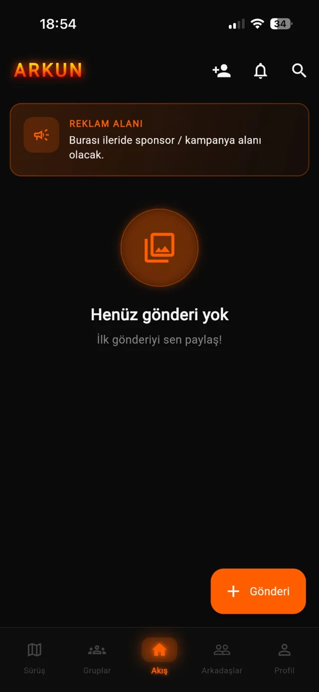ARKUN sosyal akış ekranı: gönderi paylaşma görünümü
