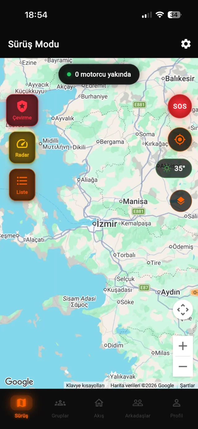 ARKUN canlı harita ekranı: İstanbul haritası üzerinde sürüş modu, radar ve SOS düğmeleri